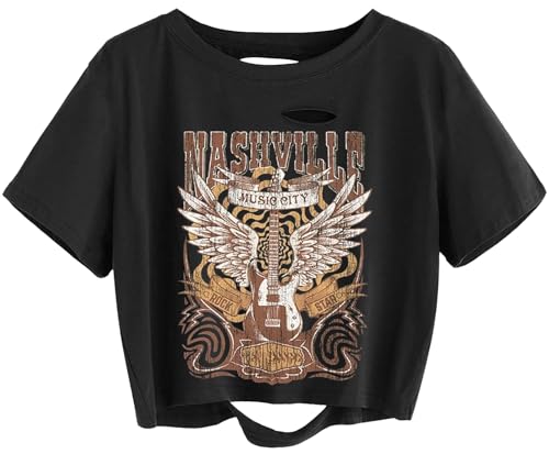 Women's Nashville Music City Distressed Shirt Rock Band Vintage Guitar Wings Graphic Crop Tee Country Music Concert Short Sleeve Tops(L,01Black-2)