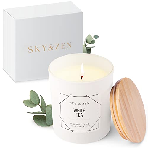 SKY & ZEN Duftkerze im Glas mit Deckel, Kerze mit ätherischen Ölen, Duftnote White Tea, bis zu 50 Stunden lange Brenndauer, Valentinstag Geschenk Cover