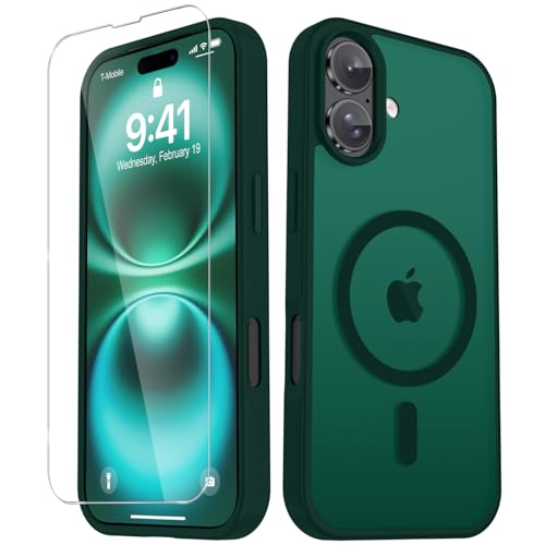 Image of YENAPOON for iPhone 16 Plus Case, Matte Magnetic Phone Cover [with 1 Screen Protector] [Support for MagSafe] [Shockproof Military Grade Protection] Translucent Frosted Back, Dark Green