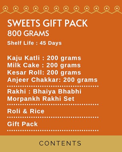 Image of HYPERFOODS House of Treats Rakhi With Sweets Pack of 4 Kesar Roll Kaju Katli Milk Cake Anjeer Chakkar 200G Each Indian Sweets And Mithai Bhaiya Bhabhi Rakhi Set With Roli & Rice Raksha Bandhan Gifts