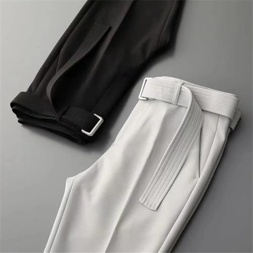 Men Draped Loose Fit Straight Trousers with Belt Business Casual Solid Color Office Wedding Suit Pants4