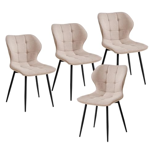 GrandCA HOME Set di 4 Sedie da Pranzo Imbottite in Lino con Schienale e Gambe in Metallo Nero, Sedia da Soggiorno per Cucina, Sala da Pranzo, Camera da Letto - Cachi