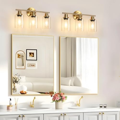 Image of Unicozin Modern Bathroom Light Fixtures, 3 Light Vanity Lights, Gold Wall Lamp with Clear Glass for Bathroom, Mirror, Living Room, Bedroom, Hallway, E26 Base
