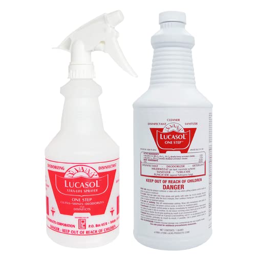 Lucasol One Step Disinfectant 32 Fl Oz Disinfectant & 24 Oz Empty Refillable Spray Bottle Combo. Multi Purpose Cleaner Spray For Hospitals Schools Salons Household Cleaning And More