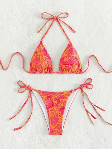 Image of ZAFUL Womens Printed Triangle Bikinis 2 Piece Halter Bikini Sets High Cut Bathing Suit Side Tie Swimsuits
