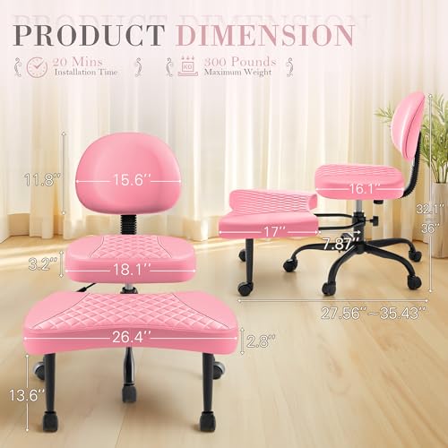 Image of Furmax Ergonomic Criss Cross Legged Office Chair with Wheels, 360Swivel Adjustable Height Kneeling Desk Chair with Footrest for ADHD, Yoga, Meditation, Home Office (Leather, Pink)