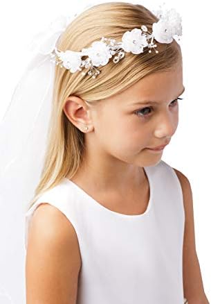 Girls White Pearl Rhinestone Center Floral Crown First Communion Flower Girl Head Wreath with Veil #779