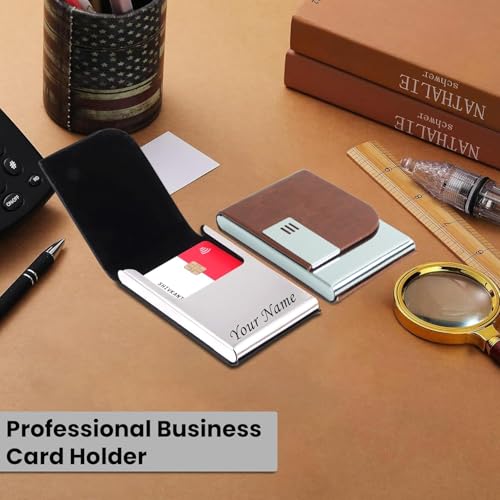 Image of Mini2buy Customized Unisex Vertical Card Holder Name Engraved for Credit|Debit|ATM|Business Visiting RFID Blocking Stainless Steel (1 x 10 x 6 cm) Personal Corporate Gift (Brown)