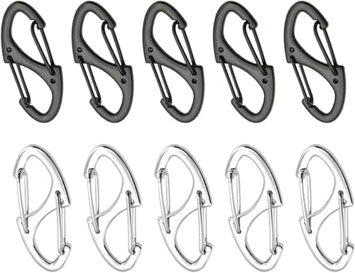 Image of 10 Pcs S Small Carabiner Keyring Clip, Black and Silver Dual Opening Keychain S Ring Locking Carabiner Double Clip Hook for Outdoor Hiking Fishing Camping Traveling