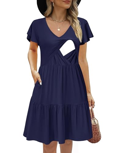Image of CzzzyL Women's Maternity Nursing Dress Ruffle Cap Sleeve Breastfeeding with Pockets