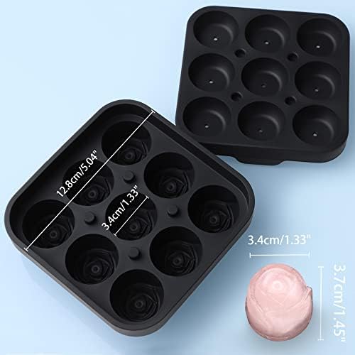 sprecenk Silicone Ice Cube Tray with Lid, Easy Release 9 x Rose Ice Cube Moulds Freezer Tray, Non Breakable Ice Ball Maker Flexible for Whiskey Cocktail Drink Wine, Black