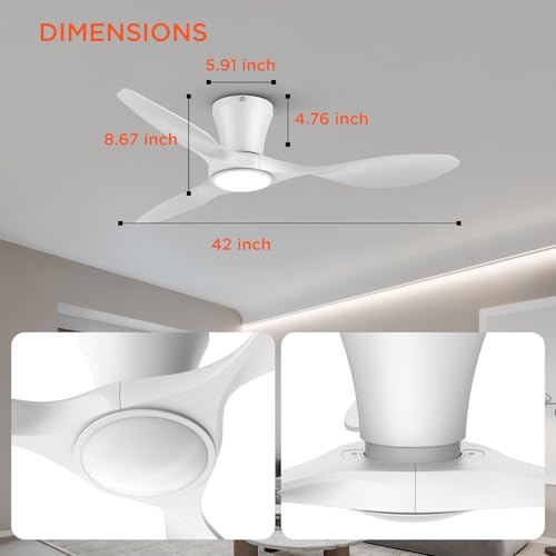TALOYA Ceiling Fans with Lights,42 inch Modern Low Profile Ceiling Fan with Light and Remote Control, Flush Mount, 3CCT, White Ceiling Fan for Bedroom Living Room and Patio by TALOYA - Used condition - Image 2