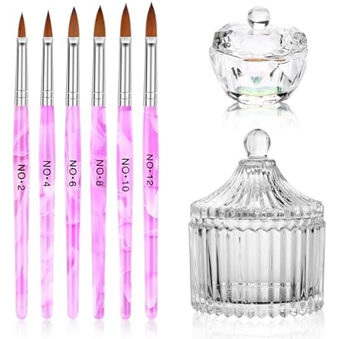 Acrylic Nail Brush Dappen Dish Set, 6PCS Nail Art Pen and 2PCS Crystal Dappen Dish for Acrylic Nails, Manicure Bowl Cup Glass Container for Acrylic Liquid Nail Tool Kit Cover