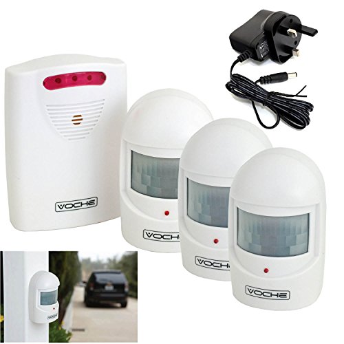 Voche® Wireless PIR Motion Sensor Driveway Alert System Security Intruder Alarm with 3 Sensors + Adapter