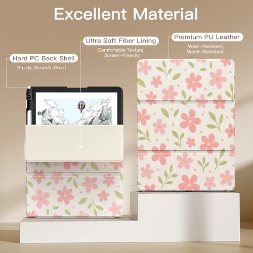Image of MoKo Stand Case for 11 inch Kindle Scribe (3rd Generation -2025) & Kindle Scribe Colorsoft (1st Generation 2025) - Premium Leather Trifold Stand Cover with Pen Holder, Auto Sleep /Wake, Flower & Leaves