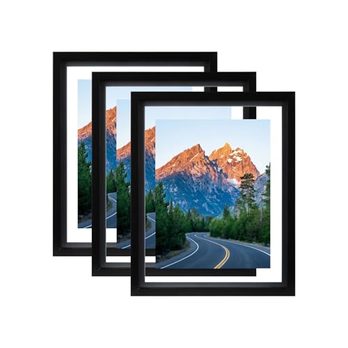 8x10 Floating Frame Set of 3, Double Glass Floating Picture Frame for 5x7 or 8x10, For Desktop or Wall Hanging, Black