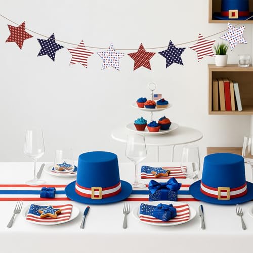 Image of 4th of July Decorations Wooden Red Blue and White Star Patriotic Garland Pre-Assembled Hanging Independence Day, Memorial Day, Veterans Day Banner for Mantle, Fireplace, Wall, Party Supplies