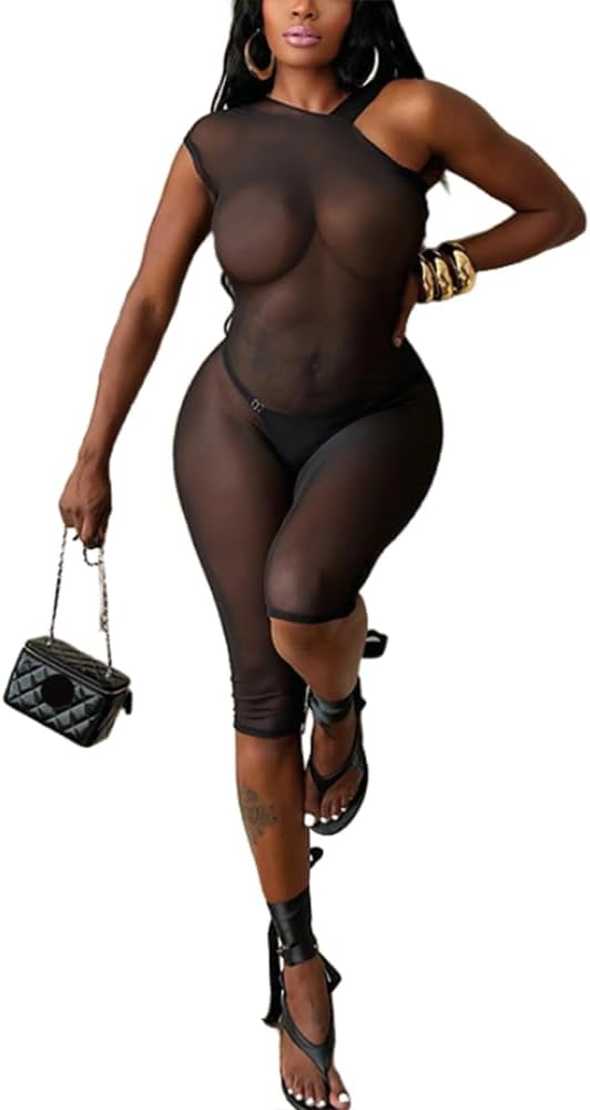 Women’s Sexy Capri Jumpsuit Mesh See Through One Shoulder Bodycon Date Night Rompers Y2K Going Out Rave Club Outfits