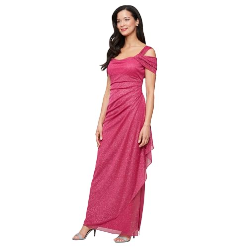 Image of Alex Evenings Women's Long Cold Shoulder Dress, Mother of The Bride, Formal Events, Raspberry Glitter, 16 Petite