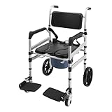 Verstellbar Dusch Toilettenrollstuhl für Senioren, sitzhöhe 46-51cm, Faltbar Toilettenstuhl mit toilettenaufsatz, Rutschfest Rollstuhl mit rollen,Badezimmer Duschstuhl mit becken für ältere,130kg