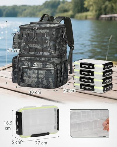 MATEIN Angelrucksack mit Boxen und Rutenhalter, Wasserdichter Angel Rucksack Herren mit Kompass und Isoliertes Kühlfach, Angelrucksack mit 4 Köderbox Angeln für Angeln Camping, Geschenke für Angler
