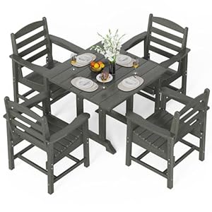 VINGLI 5-Piece Outdoor Patio Dining Set, Outdoor Table and Chairs Set w/Umbrella Hole, HDPE Weather-Resistant Square Table w/ 4 Ergonomic Patio Chairs for Garden, Backyard, Poolside(Grey, Square)