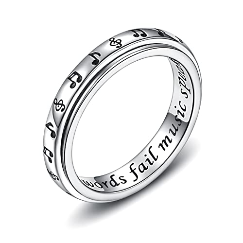 925 Sterling Silver Spinner Fidget Ring for Women: Musical Note Viking Rune Heartbeat Anxiety Stress Relieving Rotatable Ring Faith Hope Love Spinner Ring Jewelry Gift