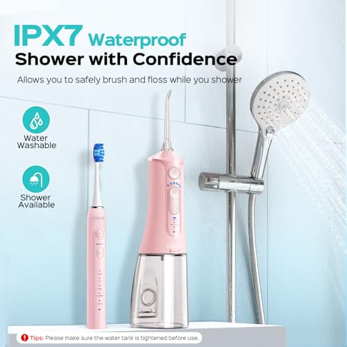 Image of COSLUS C51C30 Water Flosser Electric Toothbrush Combo, 2-1 Oral Clean Kit | Portable Brushing & Flossing for Teeth & Braces Cleaning, Multiple Modes for Family Use, Cordless for Home & Travel, Pink