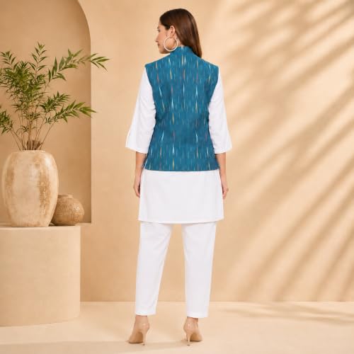 Image of Vastraa Fusion Women's Ikat Cotton Nehru Jacket Printed Waistcoat Sleeveless Mandarin Collar Button Front Ethnic Casual Wear