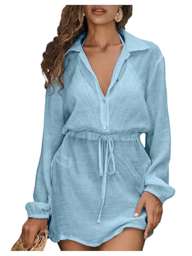 SOLY HUX Women's Swimsuit Cover Up Long Sleeve Vacation Coverups Mini Dress Summer Beachwear