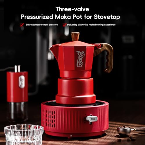 Image of Bincoo Three-valve Espresso Maker Stovetop,2 Cups Camping Moka Pot Espresso Italian Coffee Maker,Rich Crema,Easy to Use (Red)