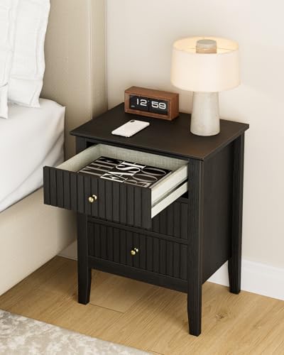 Image of Fluted Nightstand, Farmhouse Night Stand with 3 Drawers, Mid Century Modern Side Accent Table,Bedside End Table for Bedroom, Living Room, Black