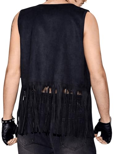 Verdusa Men's Sleeveless V Neck Studded Detail Fringe Trim Open Front Vest Jacket2