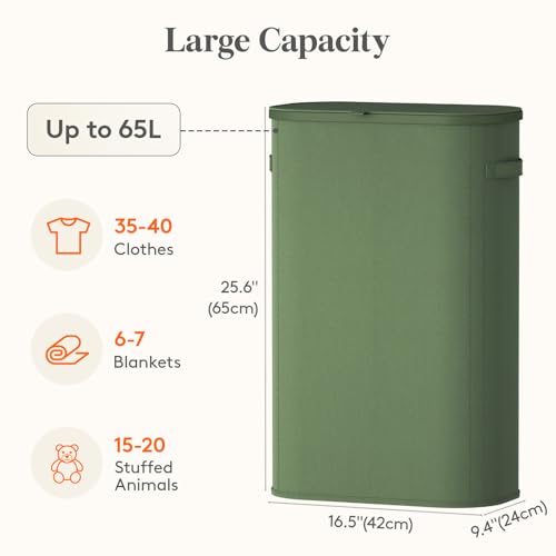 Image of Lifewit Slim Laundry Basket with Lid, Narrow Large Laundry Hamper with Plastic Handles and Removable Bag, Tall Foldable Dirty Clothes Hampers for Laundry Room, Bedroom, Bathroom, Dorm, 65L Green