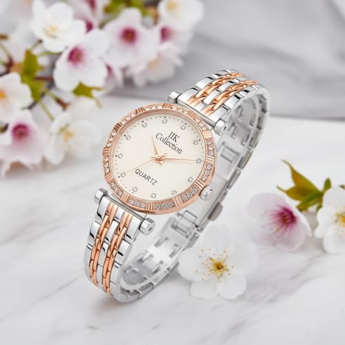 Image of IIK COLLECTION Watches for Women Round Studded Dial |Analogue Quartz Movemnet Ladies Watch|Long Battery Life|Stainless Steel Adjustable Bracelet Chain Strap|Double Lock Clasp Safety Watches for Girls