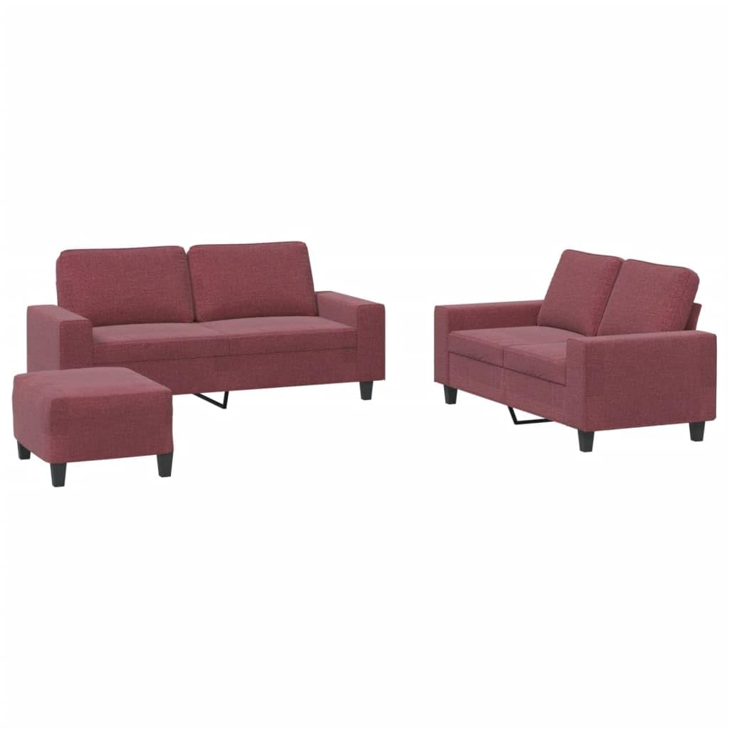 Juego de 3 piezas de sofá de tela burdeos - Cómodo sofá con sofá y reposapiés, acolchado grueso, estructura de madera contrachapada y metal, tejido resistente, soporta hasta 110 kg por asiento