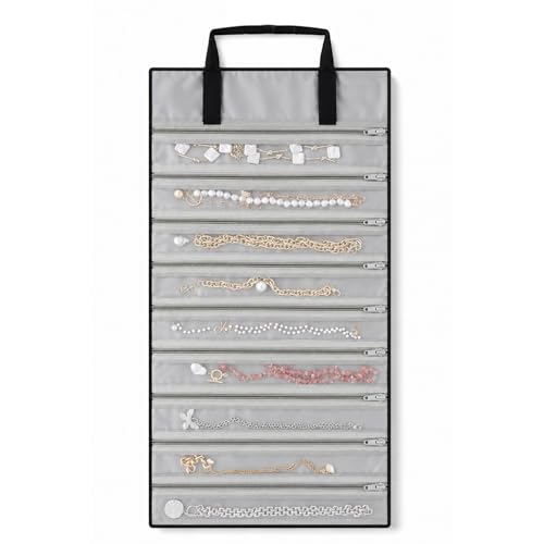 UnionPlus Velvet Jewelry Roll Organizer, 9/11 Grids – Travel Jewelry Case with Zippered Compartments for Necklaces – Compact Portable Jewelry Storage, Black/Grey