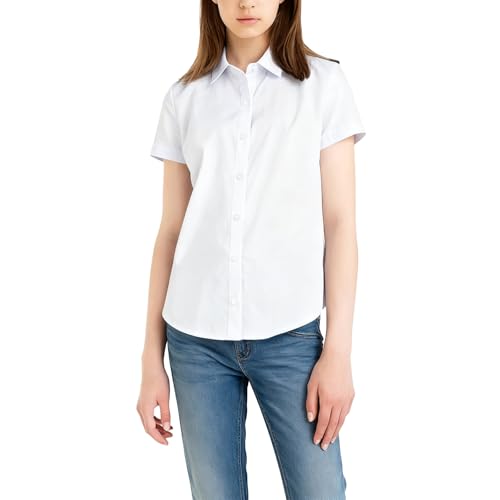 LXEASYGO Girls School Shirts Short Sleeve Classic Revere Collar School Blouses Regular Fit Button-Down White & Blue Uniform Tops Age 5-16 (UK, Age, 13 Years, 14 Years, Regular, White)