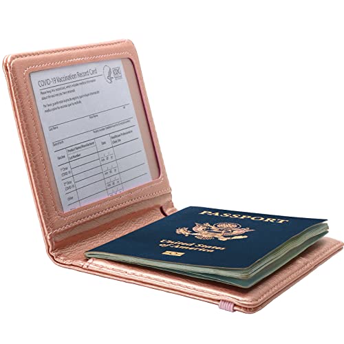 2 Pack Passport Holder,Pu Leather Passport And Vaccine Card Holder Combo,Rfid Blocking Passport Cover For Women Men Traveling Document,Rose Gold+Dark Blue #TOP2