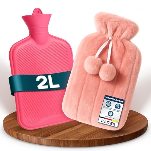 2-Liter Wärmflasche – Rosa Wärmflasche mit Bezug, Plüsch-Wärmekissen für Regelbeschwerden, Nacken- und Schulterschmerzen, für Kinder,...