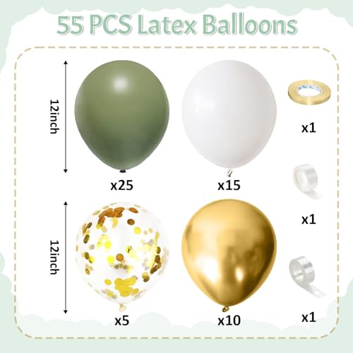 Image of Sage Green Gold Balloons, 55 PCS 12 Inch Retro Green White Metallic Gold Confetti Balloon, Olive Green Balloon for Birthday Baby Shower Engagement Wedding Anniversary Graduation Party Decoration