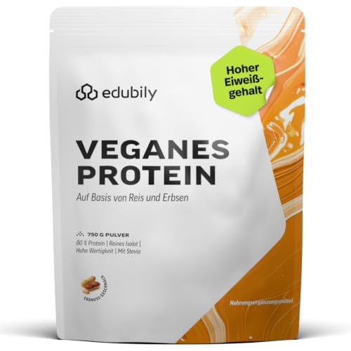 edubily® Veganes Proteinpulver • Mit Reisprotein und Erbsenprotein • Hoher Eiweißgehalt • Ohne Zucker • Mit Stevia • Laborgeprüftes Eiweißpulver • 750 g (Erdnussbutter)