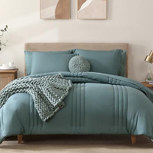 Image of Monbix Oversized King Size Comforter Set - 7 Pieces Blue Green Bed in a Bag Oversized King Bedding Sets with Comforters, All Seasons Comforter Bed Set with Sheets, Pillowcases & Shams