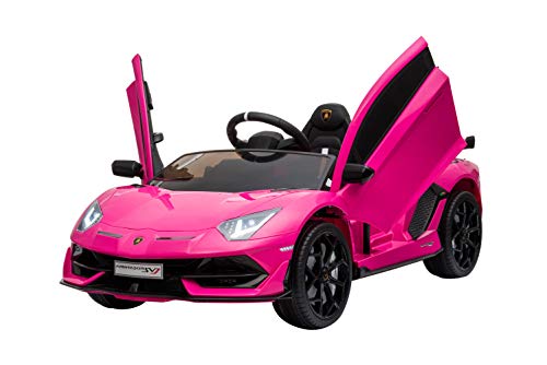 ES-TOYS Kinderfahrzeug - Elektro Auto Aventador SVJ - lizenziert - 12V7AH, 2 Motoren- 2,4Ghz Fernsteuerung, MP3, Ledersitz+Eva+Lackiert (Pink)