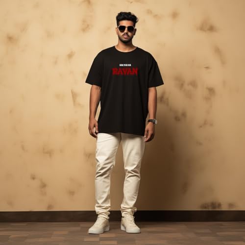 Image of Prabhubhakti Men's Oversized Raven Text Printed BlackT-Shirt | Drop Shoulder Pure Cotton Oversized Tshirt for Men