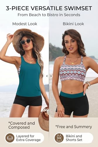 Image of Aqua Eve 3 Piece Tankini Swimsuit for Women Tank Bathing Suit with Shorts Open Back Athletic Swimwear
