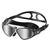 OutdoorMaster Swim Mask - Wide View Swimming Mask & Goggles Anti-Fog Waterproof, Black Frame Silver Len