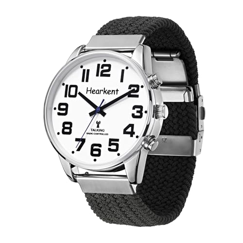 Hearkent Sprechende Uhr mit Deutscher Stimme und großen Zahlen, Selbsteinstellend für Sehbehinderte,Blinde oder Senioren Armbanduhr, Herrengröße (Nylon Schwarz)