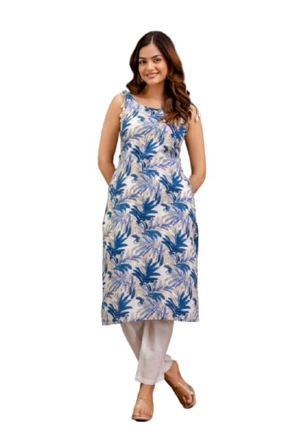 Image of Women Floral Printed Sleeveless Round Neck Pure Cotton Straight Kurti