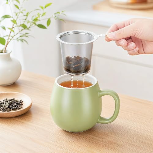Image of Yundu 12 OZ Matte Light Green Ceramics Teacup with Infuser and Lid, Mug with Lid for Steeping - Stainless Steel Infuser for Loose Leaf Tea, Home Office Gift for Tea Lovers